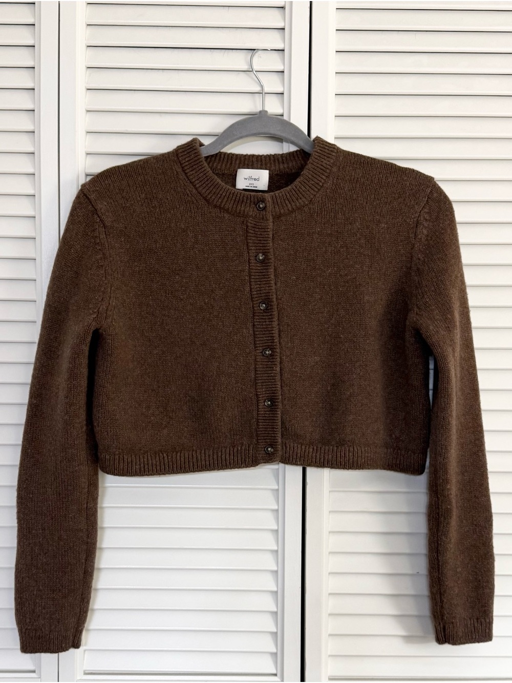 Wilfred Brown Cashmere Knit Button Front Cropped Crew Neck Cardigan Sweater 2XS